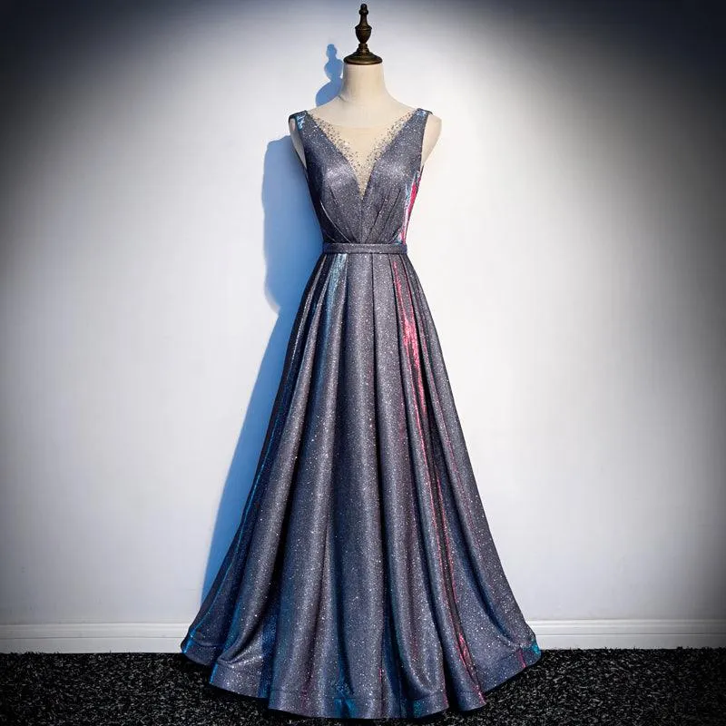 Gray V-Neck Shining Sequined Evening Dress