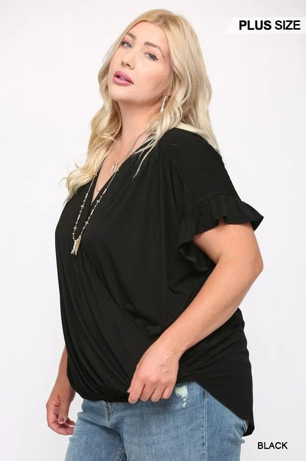 Plus Size Black V Neck Wrap Ruffle Sleeve Casual Loose Dolman Top Tunic Blouse